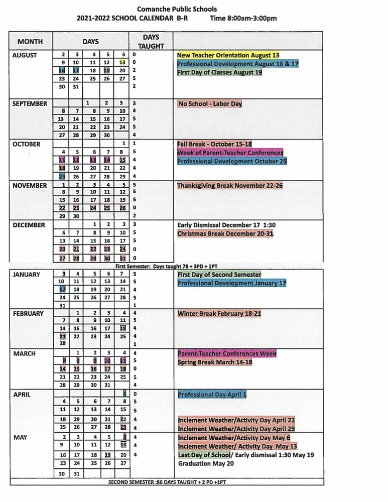 CPS 20212022 School Calendar Comanche Public Schools