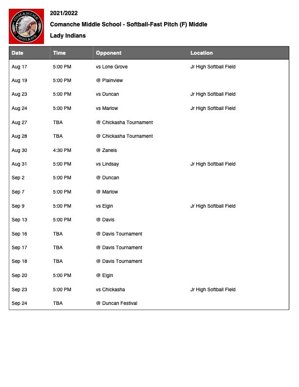 JH Softball Schedule